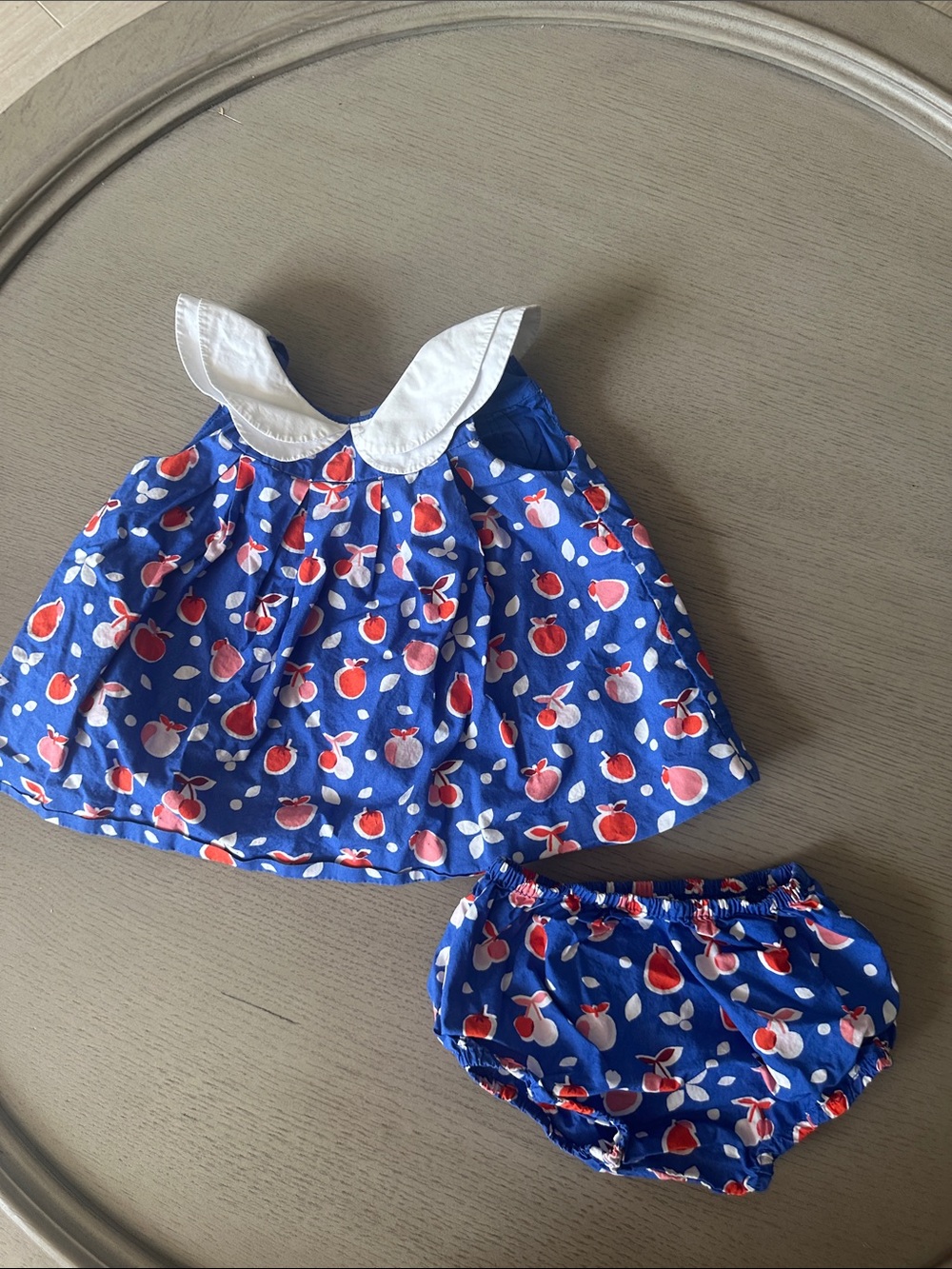 Jacadi Blue Dress and Bloomers with Red Apple Print